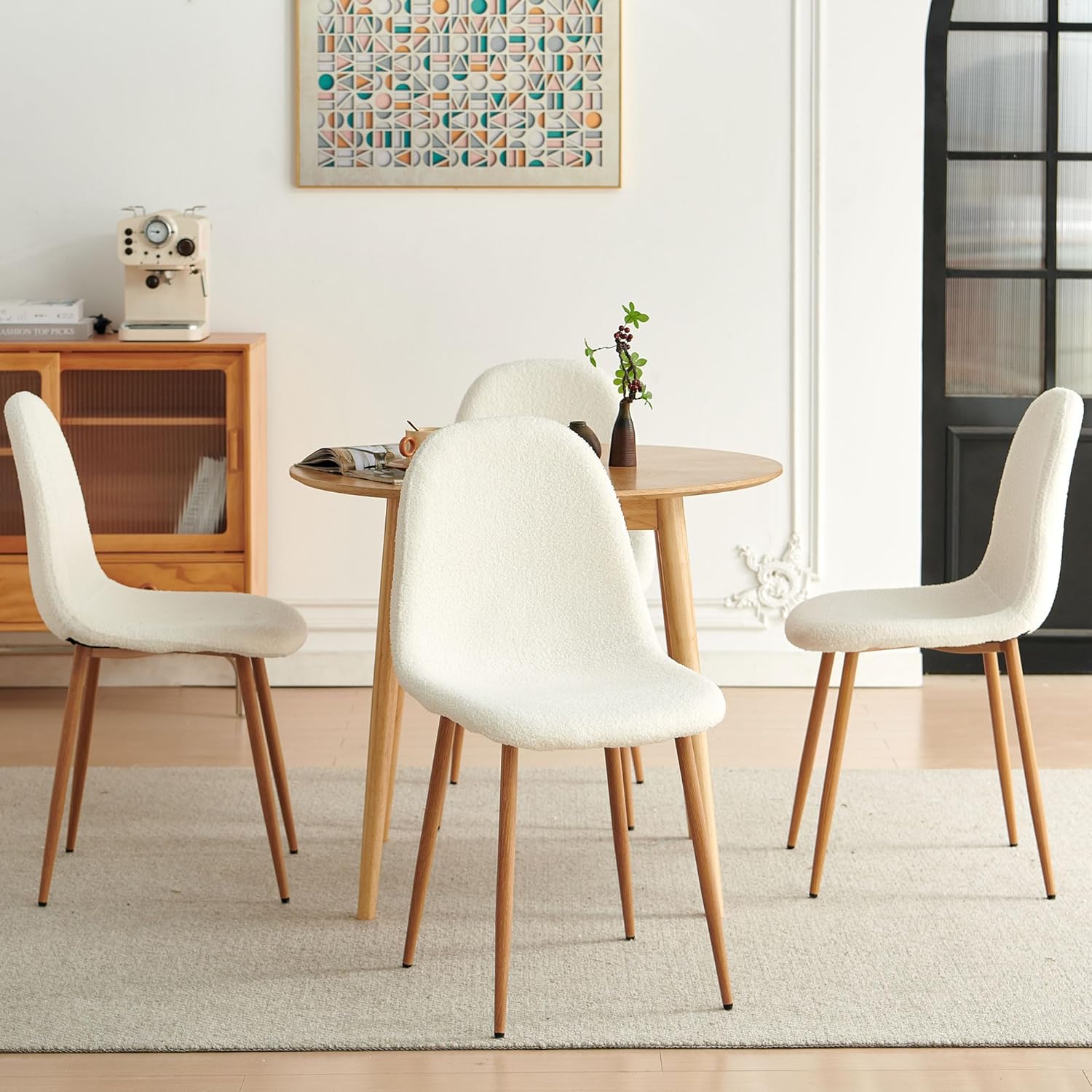 Dining Chairs Set of 4, Modern Upholstered Fabric Armless Side Dining Room Chairs for Small Kitchen, Living Room, Bedroom, White Teddy Fleece
