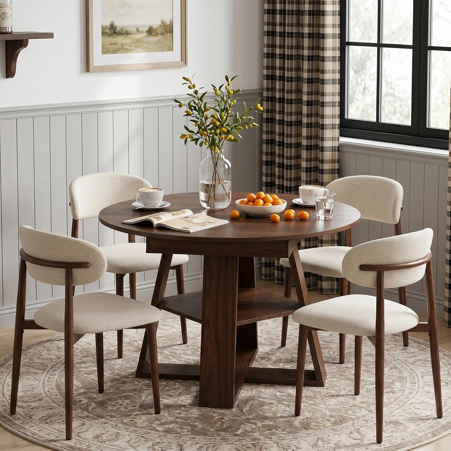 5-Piece Extendable Oval Dining Table Set, 43in-59in Wood Kitchen Table with 4 Fabric Upholstered Chairs, Modern Dining Room Set for 4 People, Walnut Finish