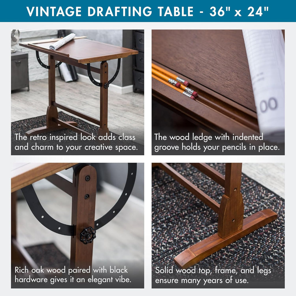 Studio Designs Vintage Rustic Oak Drafting Table, Top Adjustable Drafting Table Craft Table Drawing Desk Hobby Table Writing Desk Studio Desk, 36''W x 24''D