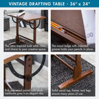 Studio Designs Vintage Rustic Oak Drafting Table, Top Adjustable Drafting Table Craft Table Drawing Desk Hobby Table Writing Desk Studio Desk, 36''W x 24''D