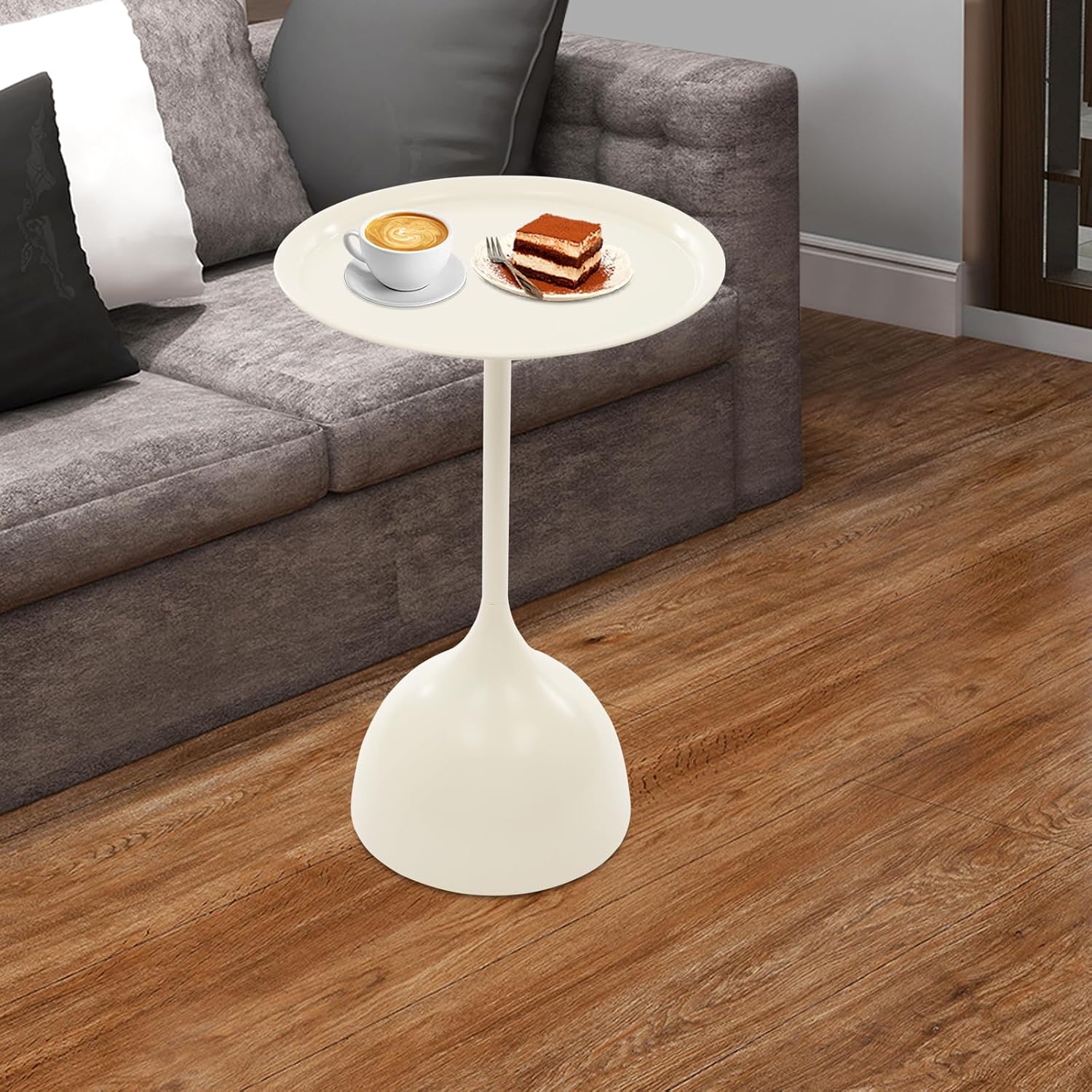 Small End Table, 15.75" Round Bedside Table with Industrial Iron Frame, Space-Saving Accent Table for Living Room & Bedroom, Fluted Circle Decorative Drink Martini Tables (Cream White)