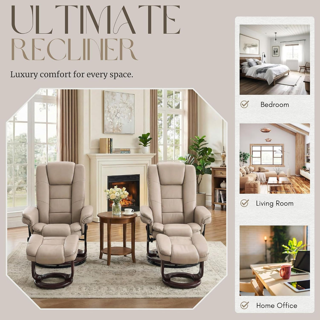 Swivel Recliner Chair with Ottoman Reclining Lounge Sofa Footrest, Set of 2 | 360°Sturdy Wood Base, Soft Faux Leather, Upholstered Ultra-Plush Foam, Modern Armchair, Living Room Bedroom Office Reading