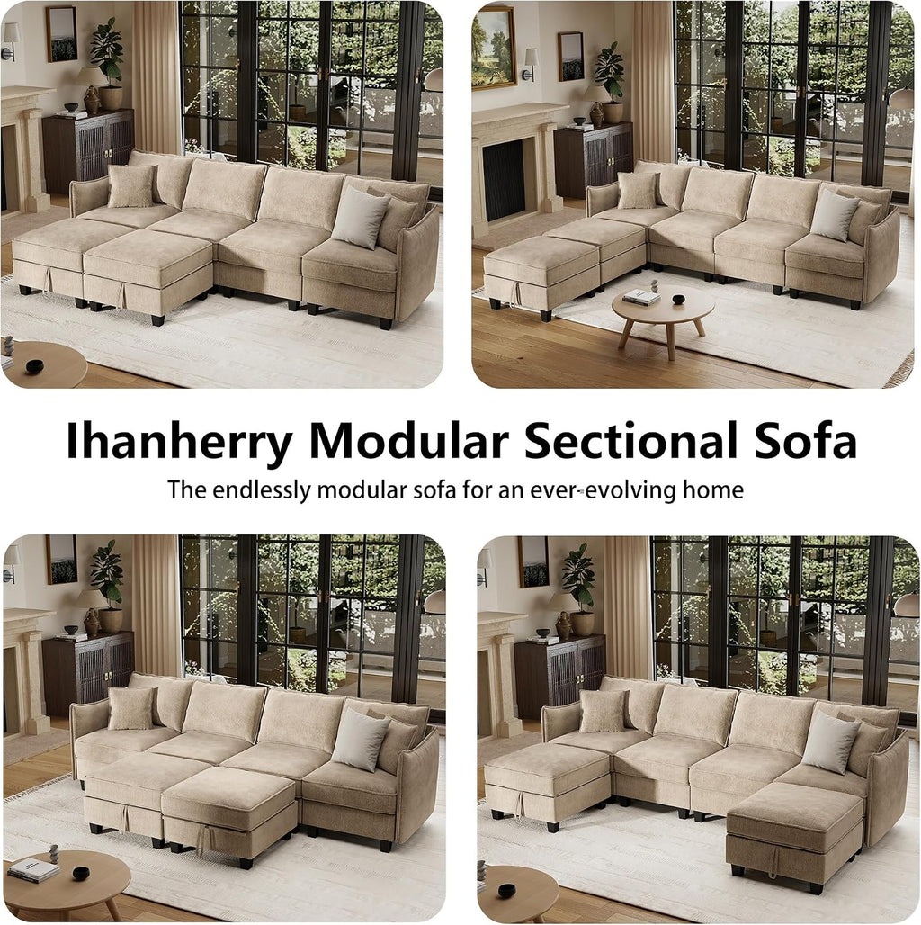 Ihanherry 112" Modular Sectional U-Shaped Sofa, Modern 6-Seat Cloud Couch with 2 Storage Ottomans, Soft Chenille Fabric Sectional Set for Living Room Bedroom Apartment, Brown