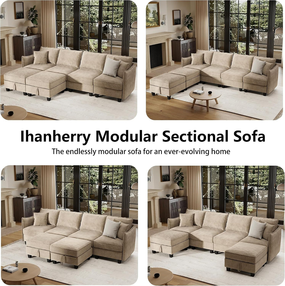 Ihanherry 112" Modular Sectional U-Shaped Sofa, Modern 6-Seat Cloud Couch with 2 Storage Ottomans, Soft Chenille Fabric Sectional Set for Living Room Bedroom Apartment, Brown