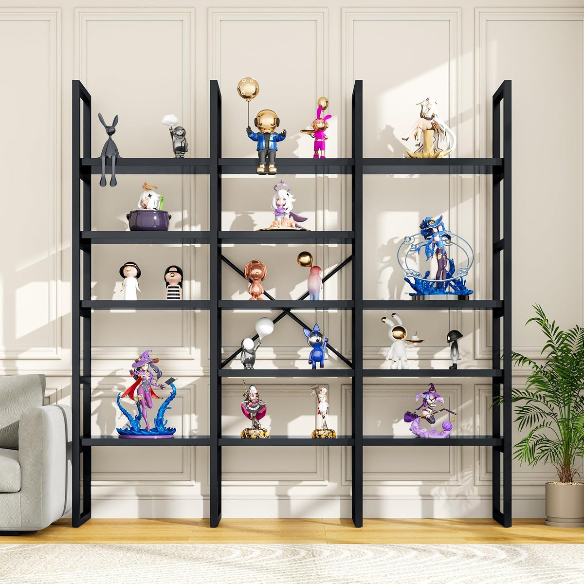 Large Bookshelf 5 Tiers, Triple Wide Geometric Bookcase, 71 Inches Tall Industrial Book Shelves Etagere Book Case, Sturdy Metal Frame, Freestanding Display Shelving Unit (Black)