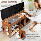 Shoe Bench with Cat Cabinet and Hidden Drawer, 2 Tier Entryway Bench with Storage 43.3 in, Solid Wood Shoe Rack with Cushion for Entryway Hallway Living Room Bedroom (400lbs+)