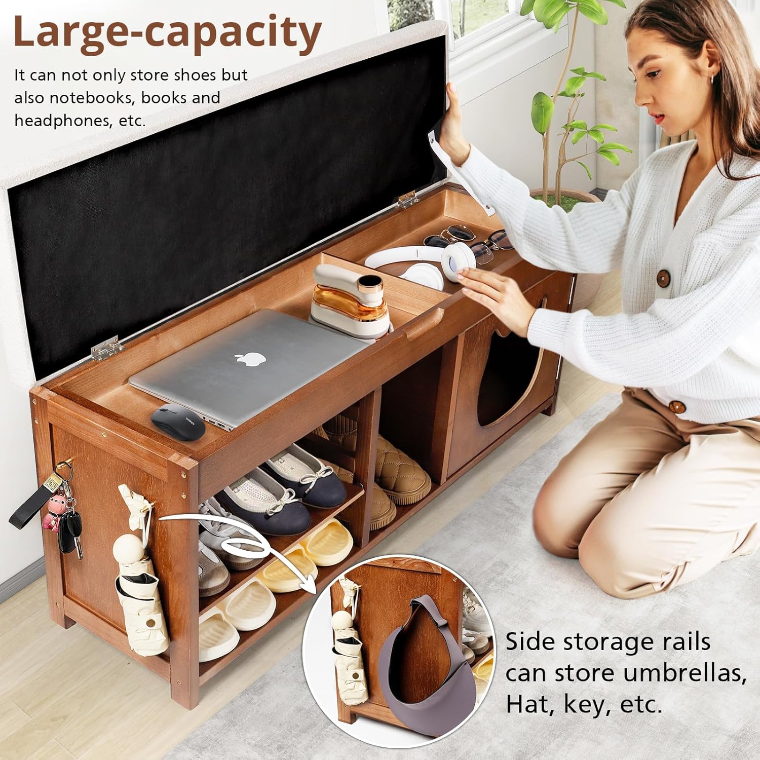 Shoe Bench with Cat Cabinet and Hidden Drawer, 2 Tier Entryway Bench with Storage 43.3 in, Solid Wood Shoe Rack with Cushion for Entryway Hallway Living Room Bedroom (400lbs+)