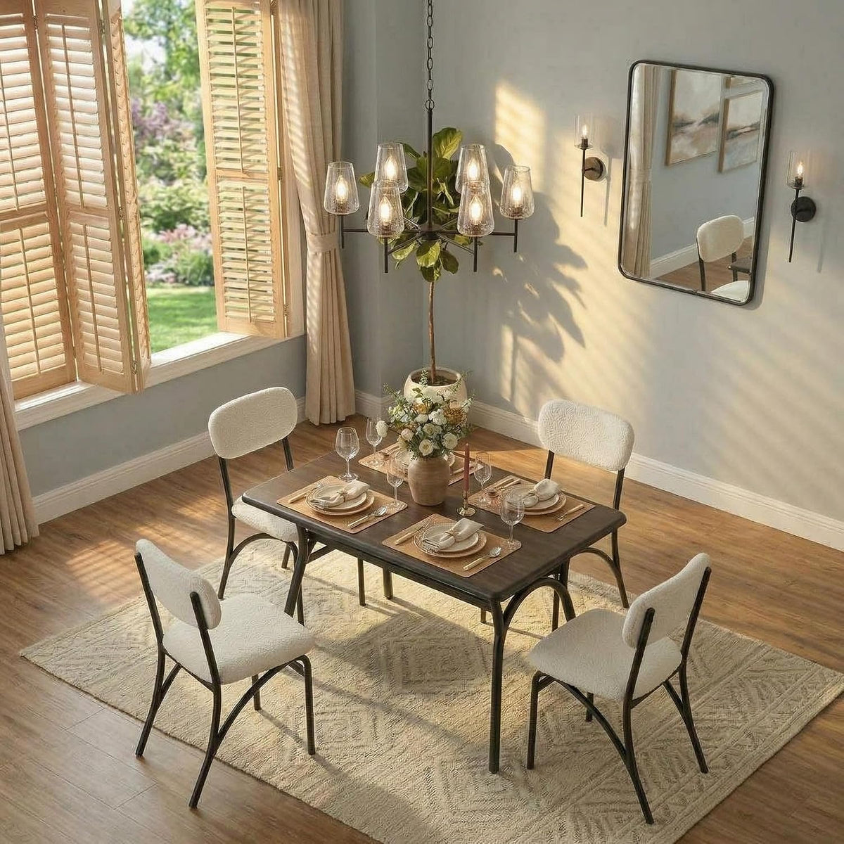 GarveeHome 5-Piece Dining Table Set for 4, Modern Kitchen Table with 4 Boucle Chairs, Rectangular Dining Table with Storage Shelf & Marble Tabletop, Home Dining Furniture for Small Space, Beige+Black