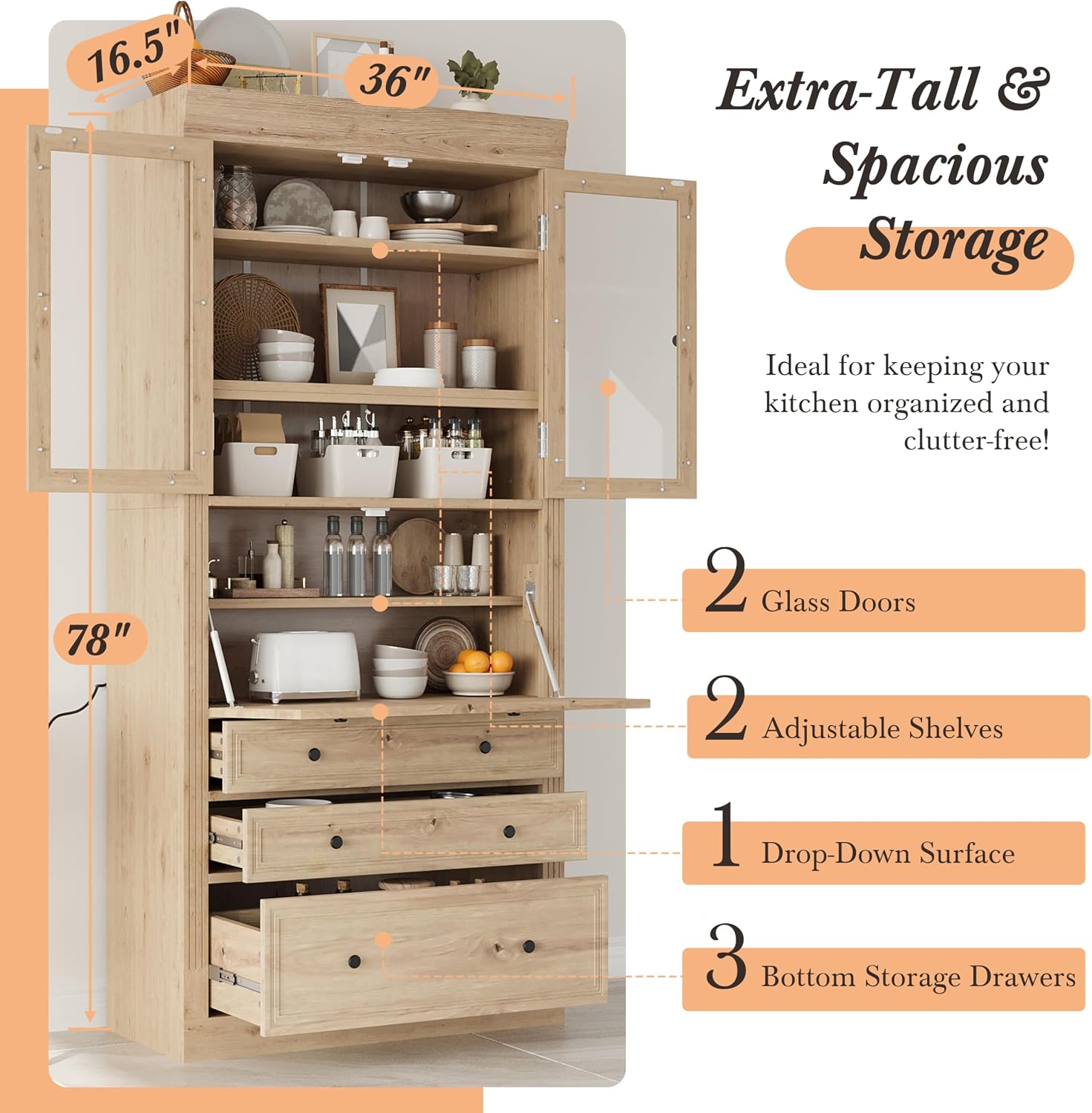 Merax 78" Pantry Cabinet with Charging Station, Farmhouse Kitchen Pantry Cabinet with Microwave Stand, Versatile Storage Cabinet for Kitchen, Dining Room, Natrual