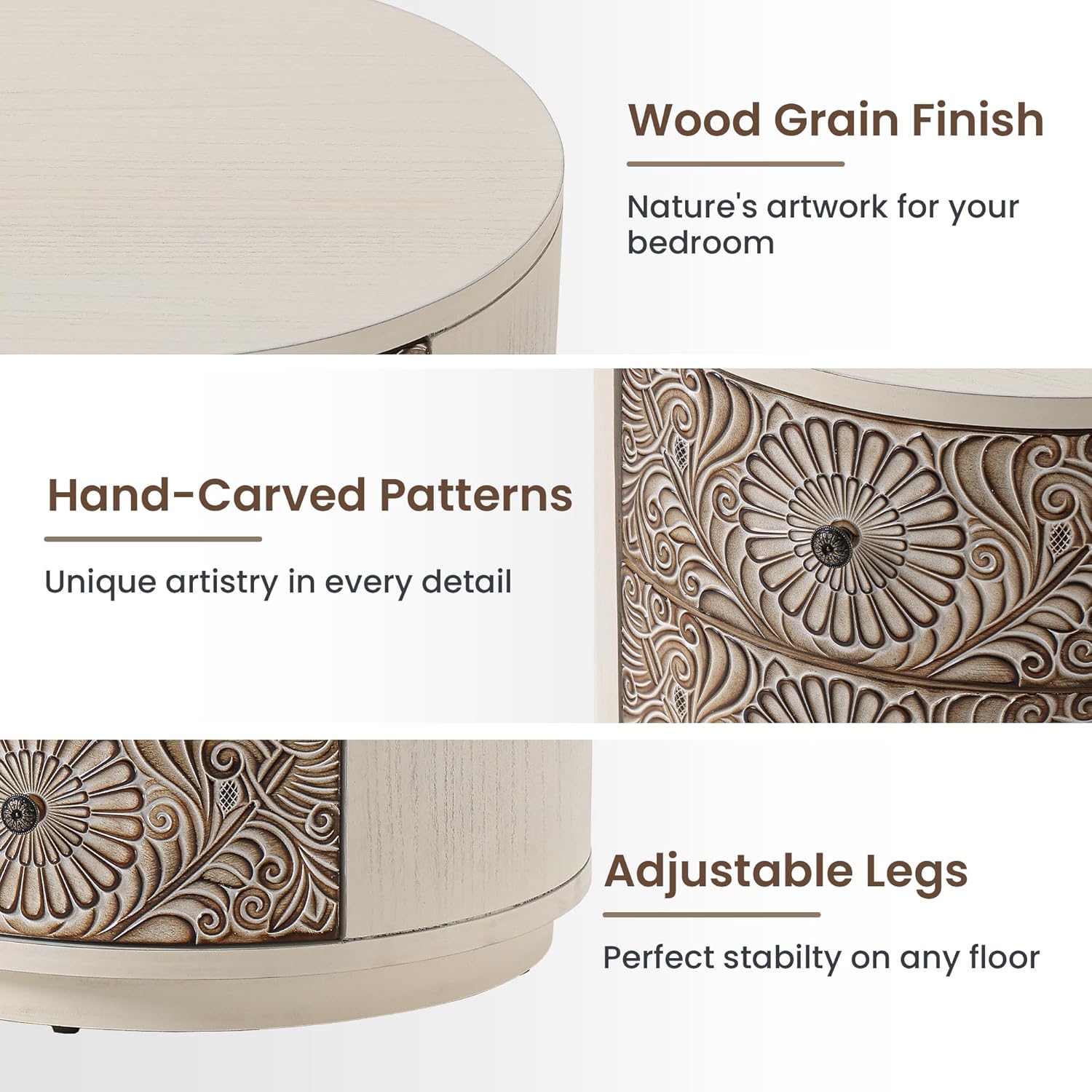 HOMPUS Round End Table Set 2, Fully Assembled Nightstand w 3 Storage Drawers, Farmhouse Wood Dresser Set of 2, Vintage Nightstand Bedside Tables, Aceent End Tables for Bedroom, Rustic White