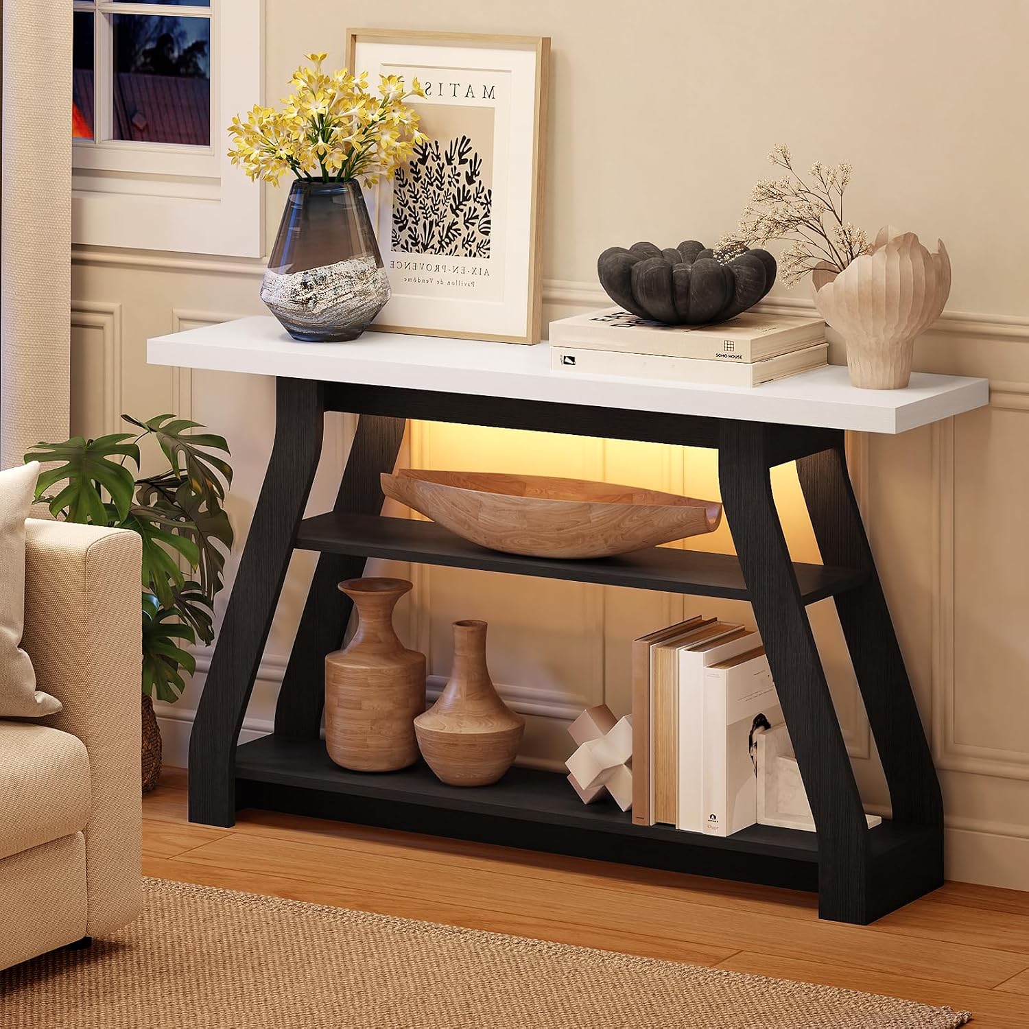 Console Table, 55-Inch Entryway Table with LED Light 3-Tier Narrow Wood Console Tables Behind Couch Sofa Tables for Living Room, Entryway, Hallway (Black+White)