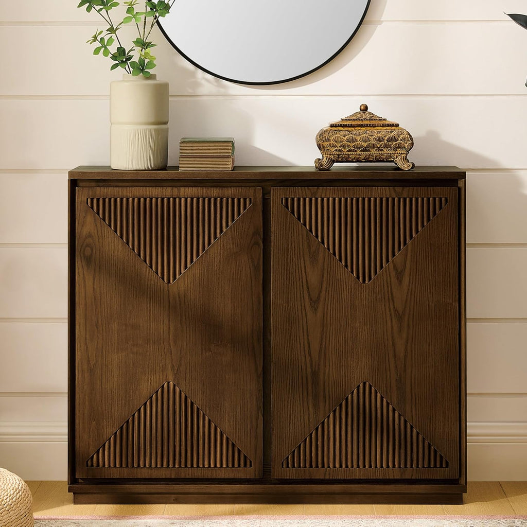 LKTART Mid Century Modern Sideboard Buffet Storage Cabinet with Doors and Shelves,Wood Coffee Bar Storage Cabinets for Kitchen, Dining Room, Living Room-Brown Walnut