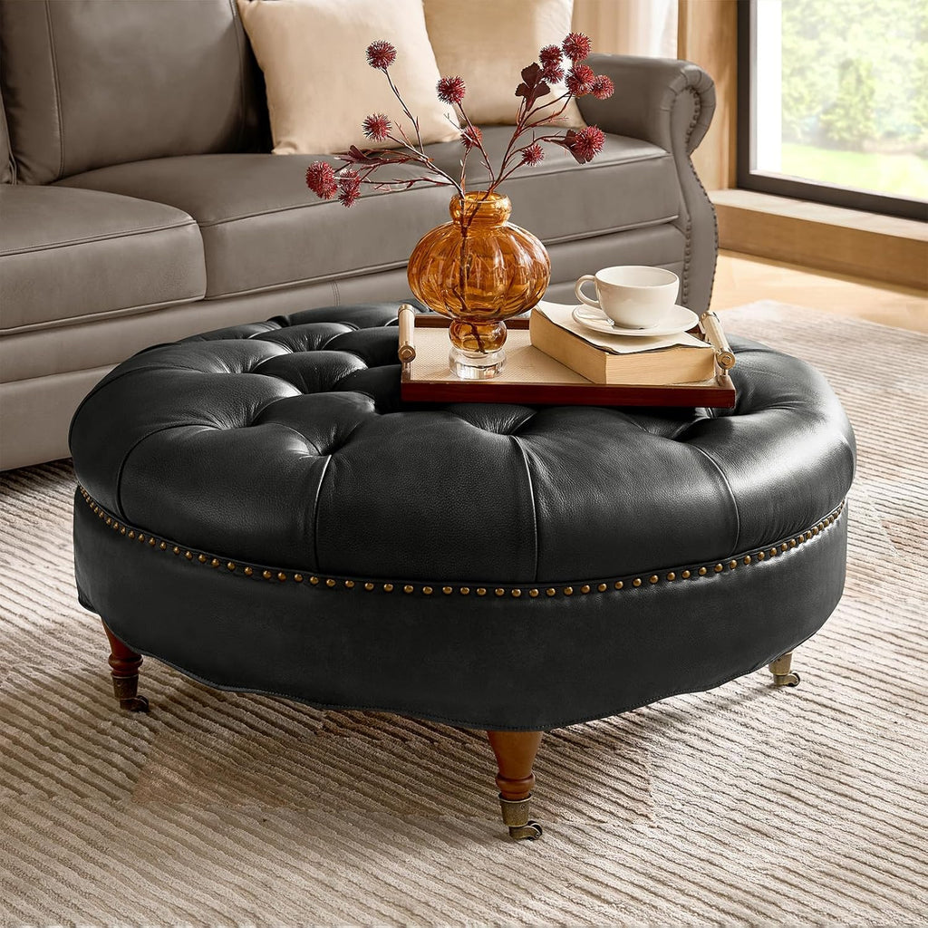 HULALA HOME 40" Genuine Leather Coffee Table, Large Round Button Tufted Coffee Table with Rolling Wheels, Solid Wood Legs, Nailhead Trim, Upholstered Ottoman Seating for Living Room, Black