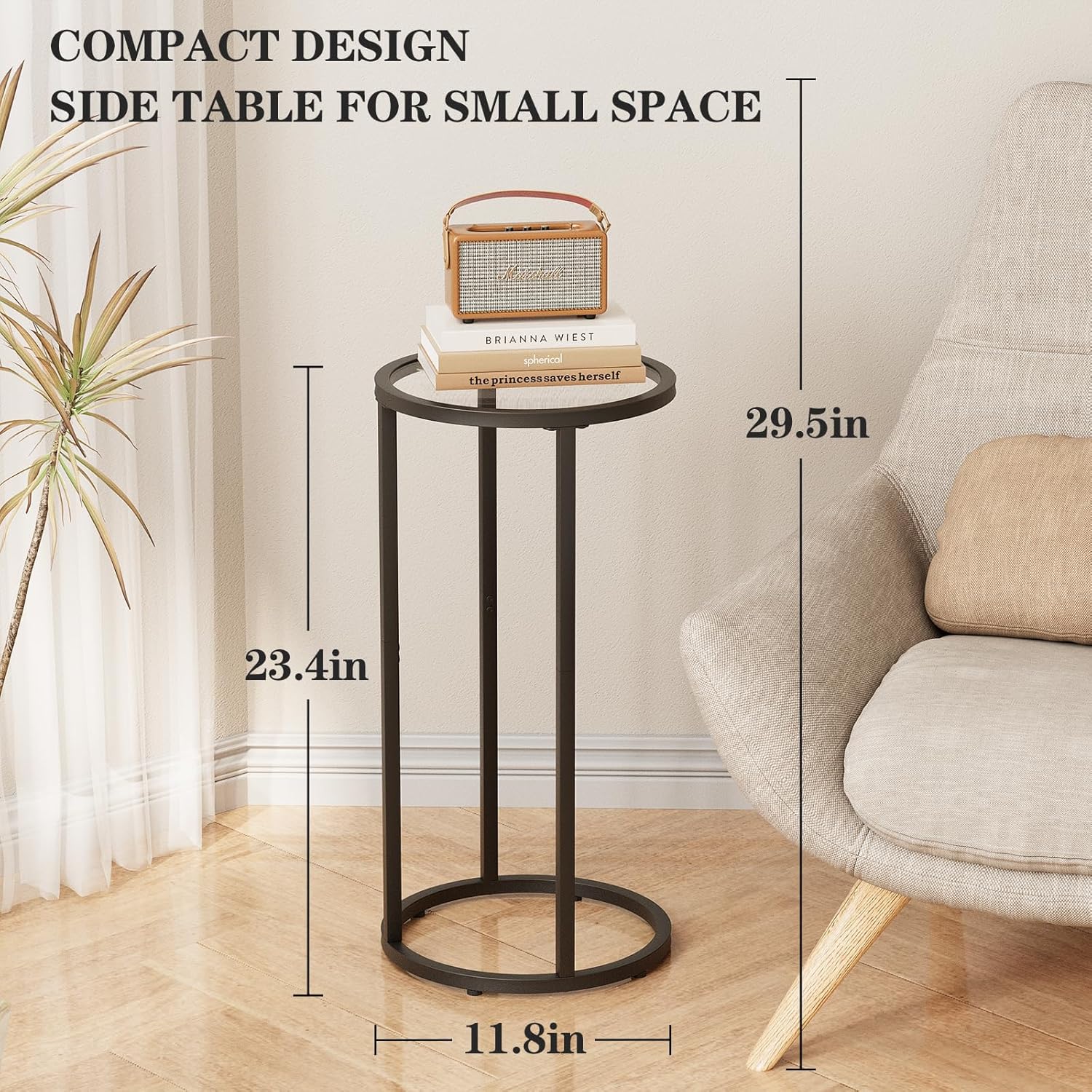Easy Paws Round Side Table,Glass C Shaped Table,Couch End Table, Tempered Glass Snack Table with Metal Frame, Sofa Couch Bedside Table,TV Tray Table for Small Space(Black,2pcs)