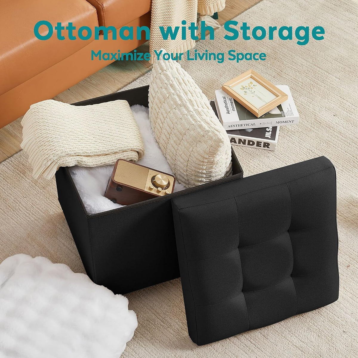 BRIAN & DANY Ottoman with Storage, Square Storage Ottoman for Dorm, Linen Folding Ottoman Foot Stool with Legs for Living Room and Bedroom, 17.7"x17.7"x20" - Black