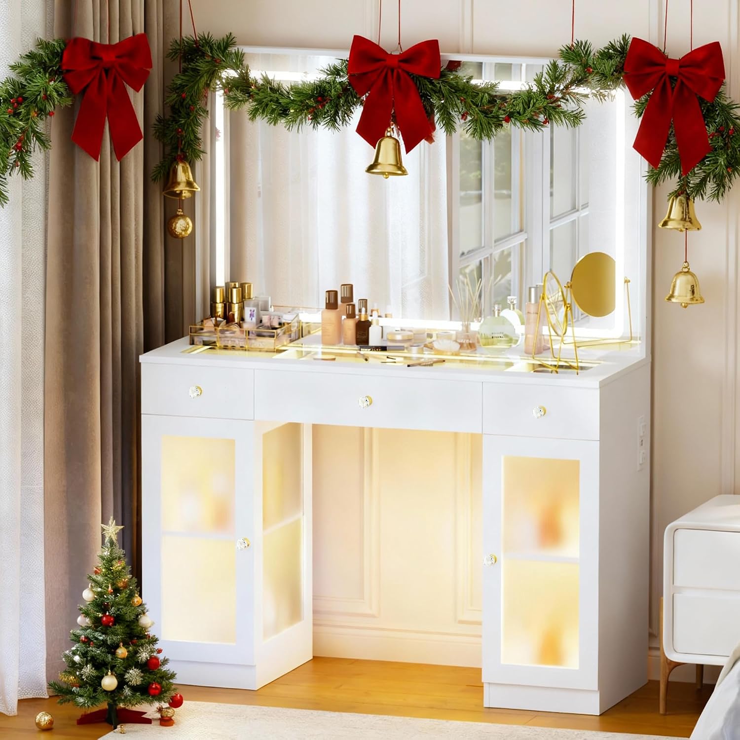 Glass Top Vanity Desk with Mirror and Lights, Crystal Knobs Makeup Vanity with 3 Drawers and Charging Station, Adjustable Lighting Color Dressing Table, Silent Slides, White