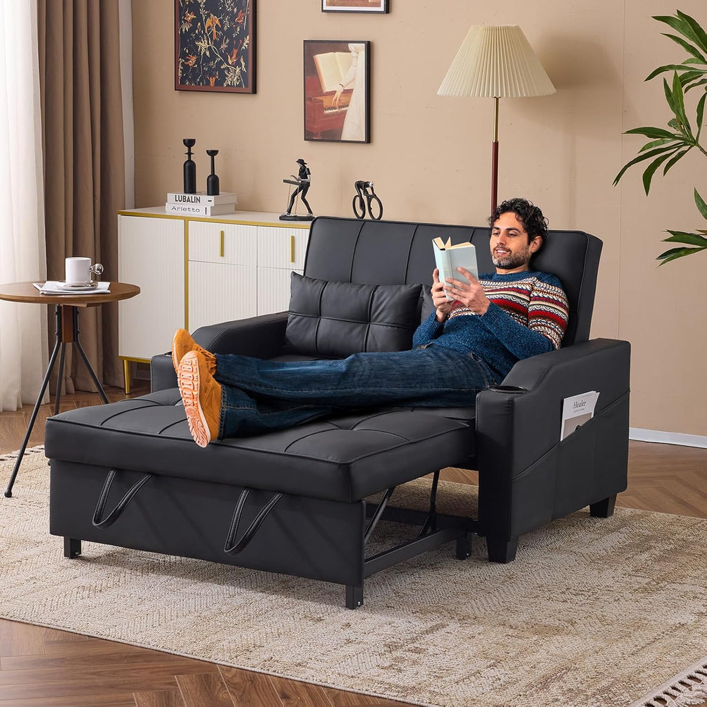 VINGLI Convertible Loveseat Sleeper Sofa Bed, Pullout Couch for Living Room | Black Futon Sofa Bed, Faux Leather Pull-Out Couch Bed with USB Ports, Cup Holders for Small Space, Apartment, Office