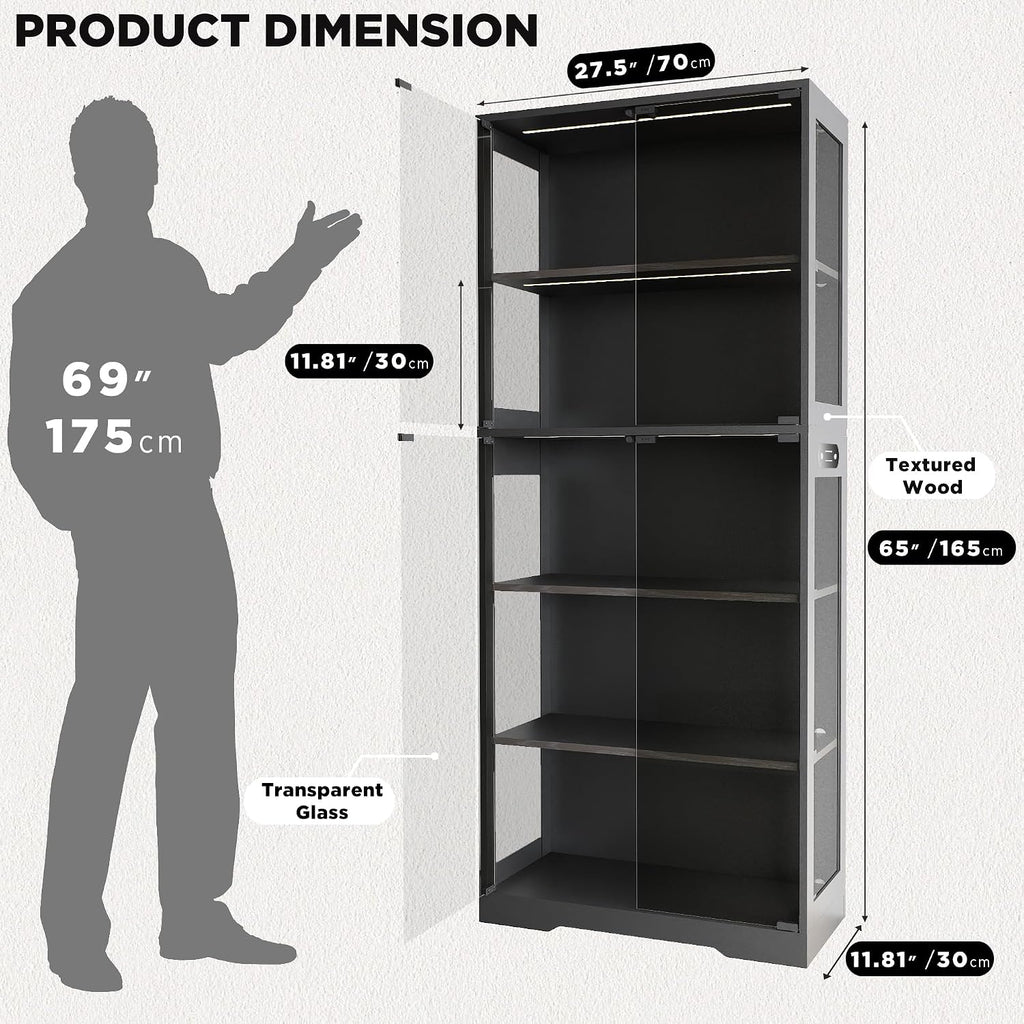 Display Cabinet with Glass Doors, 5-Tier 65" Glass Display Cabinet with LED 3-Color Lights & Human Body Sensor, Curio Cabinet with Textured Wood Shelves for Collectibles, Black Wood Frame