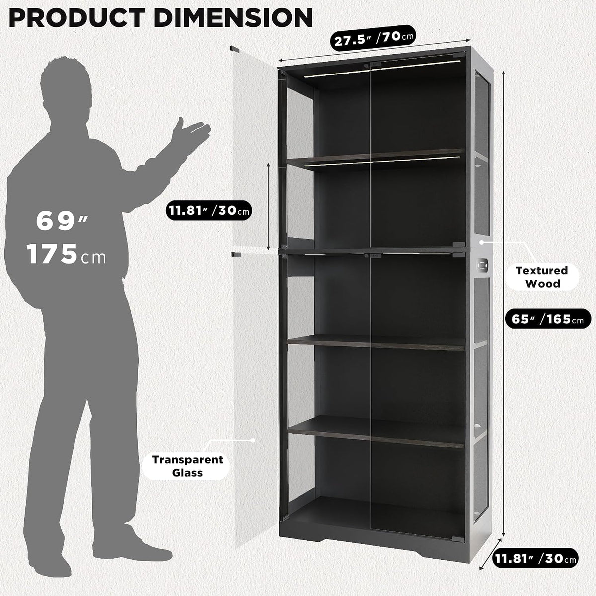 Display Cabinet with Glass Doors, 5-Tier 65" Glass Display Cabinet with LED 3-Color Lights & Human Body Sensor, Curio Cabinet with Textured Wood Shelves for Collectibles, Black Wood Frame