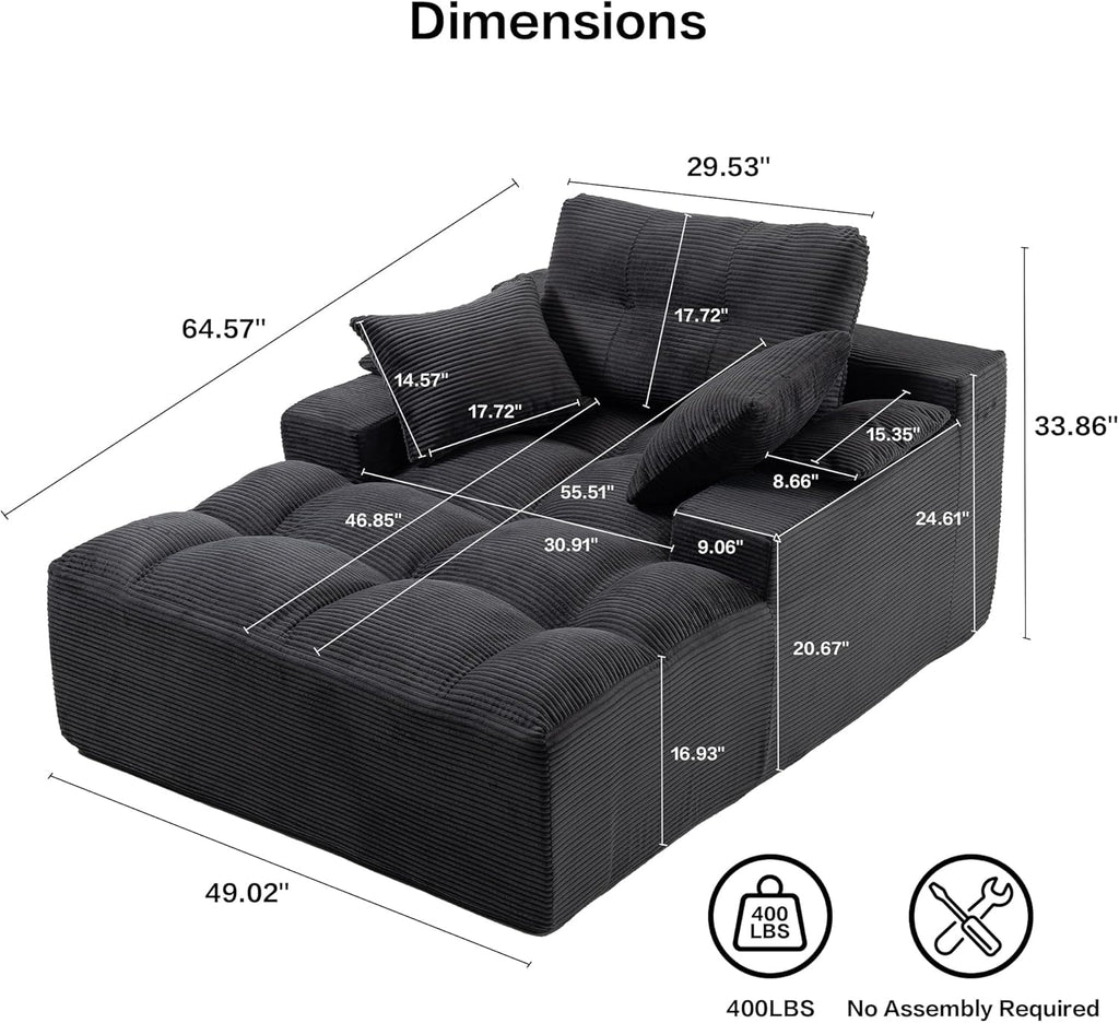 50" Oversized Chaise Lounge Chair Indoor, Plush Faux Fur Cloud Sofa Couch with Pillows, No Assembly Deep Seat Reading Chair Bed, Cozy Floor Couch for Living Room or Bedroom