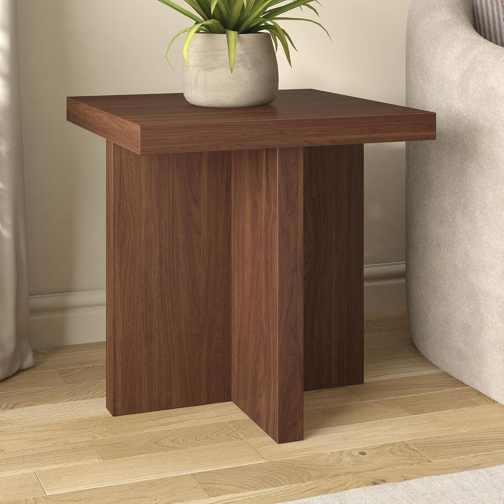 Henn&Hart 22" Scandinavian Wooden Square End Table, Side Table, Nightstand with X-Base for Living Room, Office, Family Room, or Bedroom, Medium Walnut