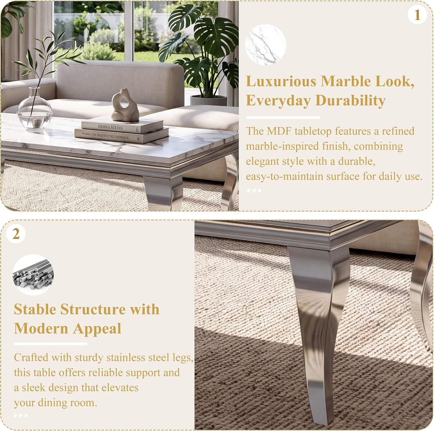 3-Piece Faux Marble Coffee Table Set with Silver Stainless Steel Legs | Modern Rectangular Center Table and 2 Square End Tables for Living Room, Office