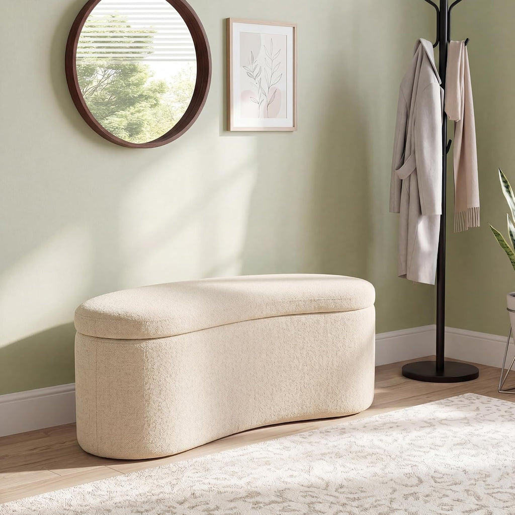 Zesthouse Storage Bench for Bedroom End of Bed, 39.4" Small Curved Entryway Ottoman Bench, Beige Linen Fabric Bench Seat for Living Room Hall Mudroom, Modern Upholstered Coffee Table Crescent Shape