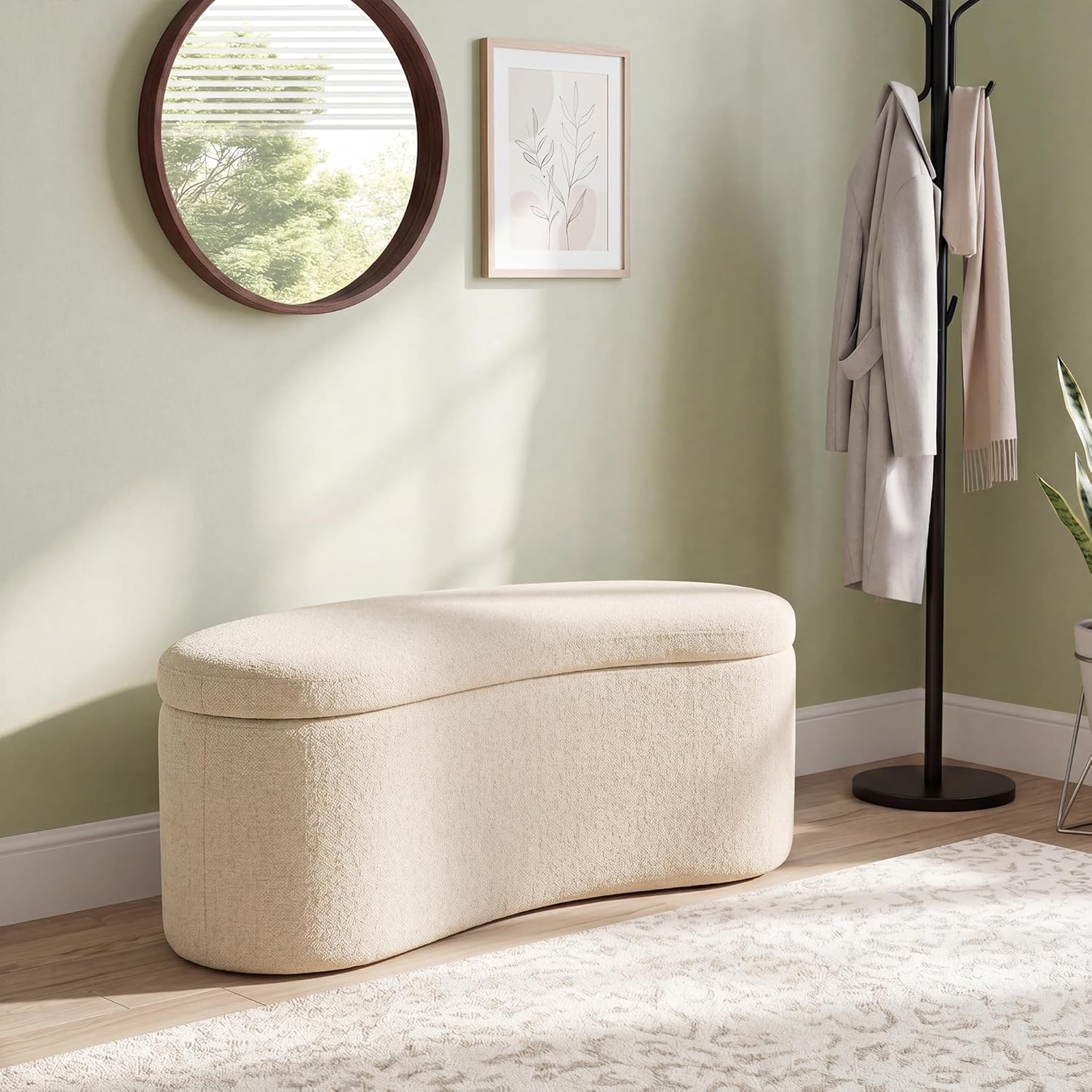 Zesthouse Storage Bench for Bedroom End of Bed, 39.4" Small Curved Entryway Ottoman Bench, Beige Linen Fabric Bench Seat for Living Room Hall Mudroom, Modern Upholstered Coffee Table Crescent Shape