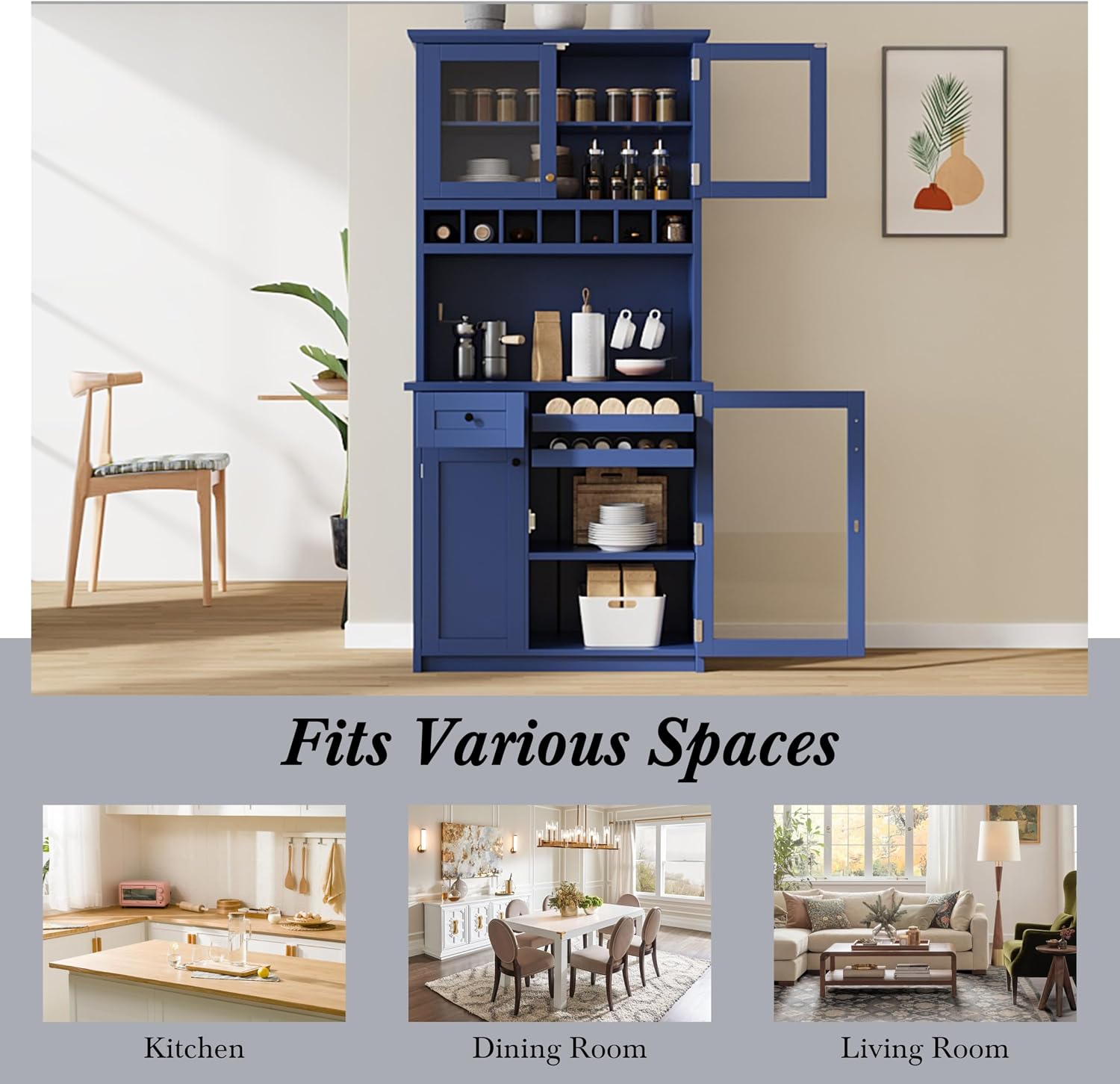 Freestanding Kitchen Pantry with Drawer, Adjustable Shelves & Wine, Blue | Rustic blue finish, solid wood legs, adjustable shelves, wine rack holds 12 bottles, 35.4"W x 17.7"D x 74.8"H, for dining