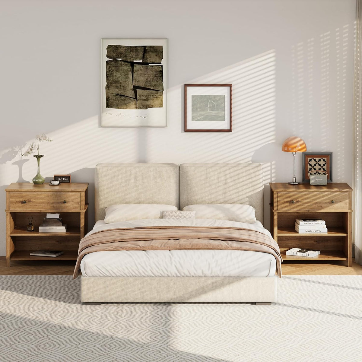 End Table with Drawer and 2 Tier Shelves, Wood Sofa Side Table for Living Room, Modern Nightstand Bedside Table for Bedroom, Small Console Table for Entryway, Hallway, Natural