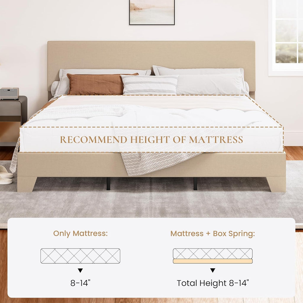 SHA CERLIN Linen Upholstered King Size Bed Frame with Headboard, Beige