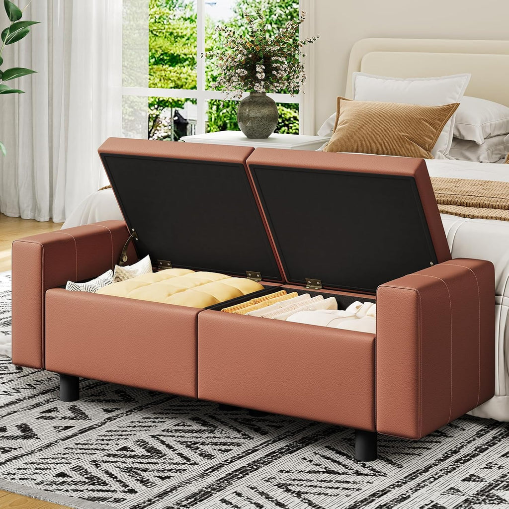 HOOBRO Ottoman with Storage, 46.7'' Storage Ottoman Bench with Safety Hinge, Storage Bench with Metal Legs, Synthetic Leather with Stitching Bench for Living Room, Entryway, Brown BR120CW01