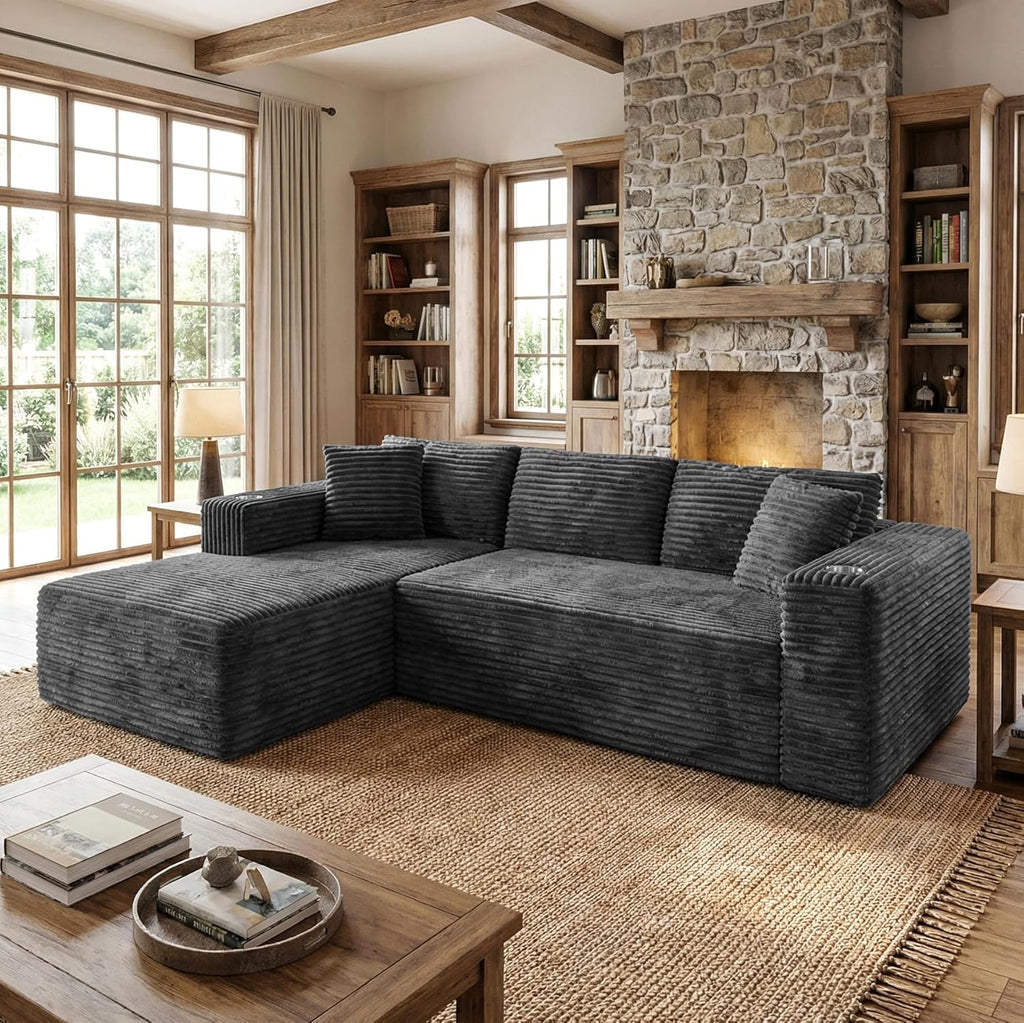 Shintenchi 103" Couches for Living Room with 2 Cup Holders,L Shaped Modular Sectional Sofa Set,No Assembly Needed Plush Corduroy Living Room Set,Dark Gray