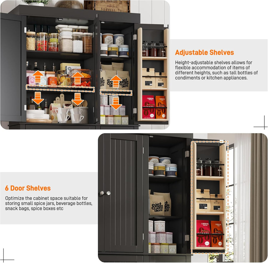 71" Tall Kitchen Cabinet Pantry Storage,Modern Kitchen Hutch Cabinet with Doors and Adjustable Shelves,Large Freestanding Food Pantry with 2 Drawer for Dining Room, Living Room, Hallway,Black
