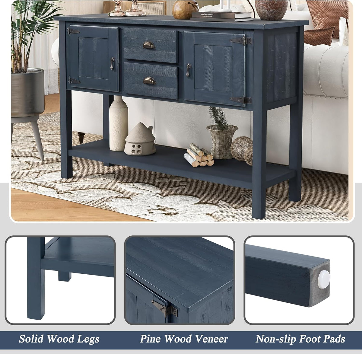 LKTART Farmhouse Sideboard Buffet Cabinet,Solid Wood Sideboard with Storage Drawers and Bottom Shelf, Buffet Cabinet Coffee Bar for Entryway Hallway Foyer,Easy Assembled (46.5" Navy Blue)