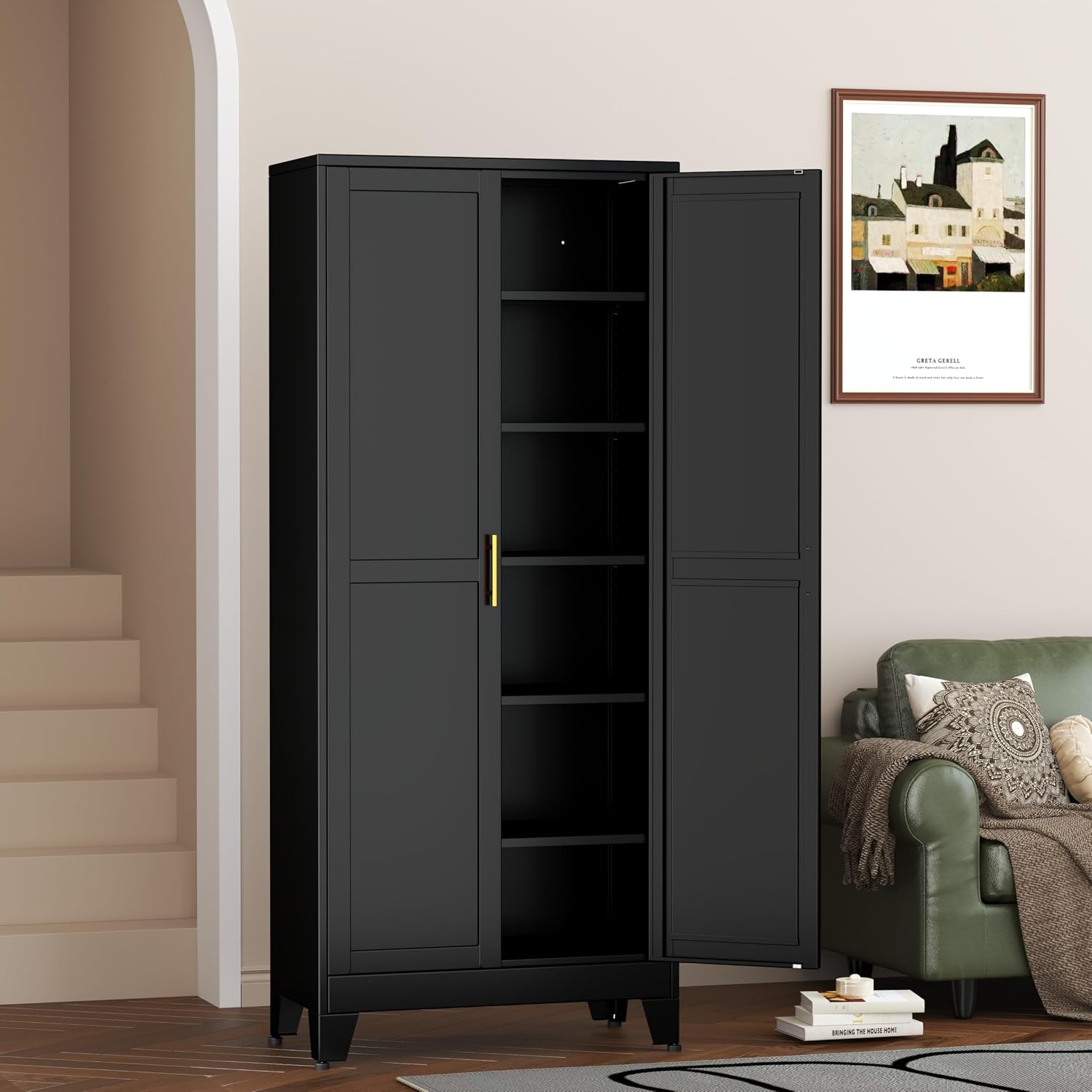 Ckzbx Metal Cabinets with Doors and Shelves, 75" H Black Storage Cabinet Pantry Cabinet Garage Cabinets for Kitchen,Living Room, Dinning Room