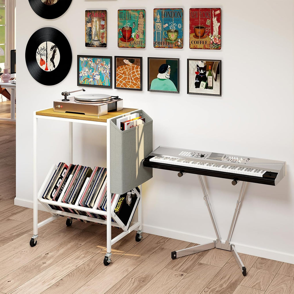 GOFLAME Rolling Record Player Stand, 2-Tier Turntable Stand with Fabric Side Pocket, Bottom Storage Shelf & Wheels, Movable Vinyl Storage Shelf for Living Room, Bedroom, Natural & White