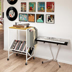 GOFLAME Rolling Record Player Stand, 2-Tier Turntable Stand with Fabric Side Pocket, Bottom Storage Shelf & Wheels, Movable Vinyl Storage Shelf for Living Room, Bedroom, Natural & White