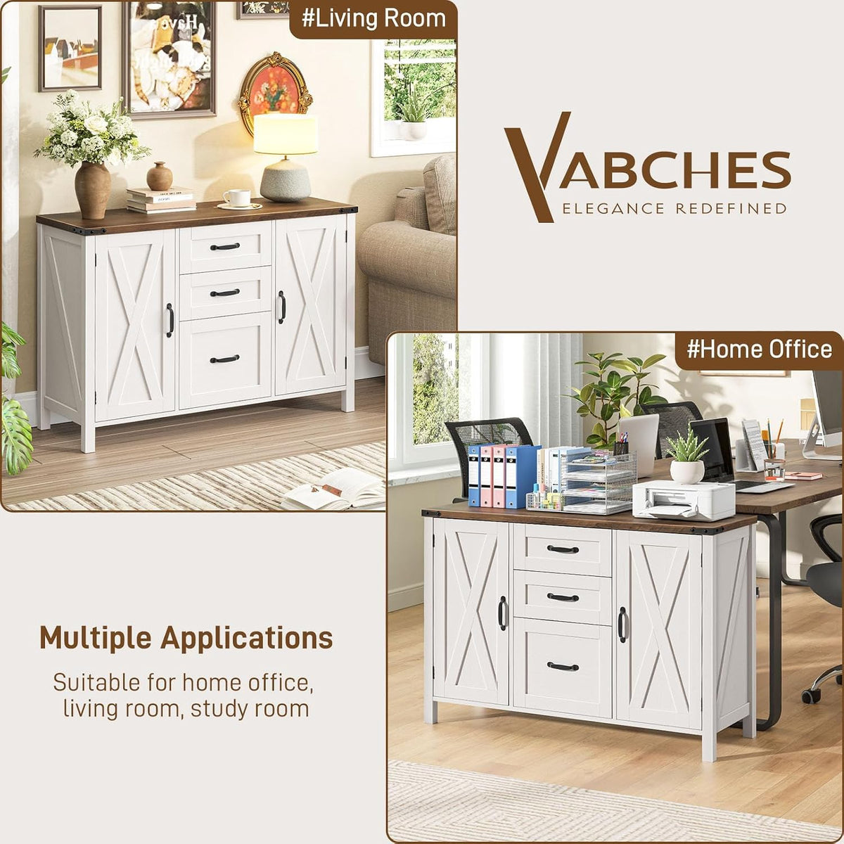 Vabches File Cabinet with 3 Drawers Fits Files Letter/A4 Size, Rustic White | Farmhouse Lateral File Cabinet, Wooden Filing Cabinet with Door and Adjustable Shelves Printer Stand for Home Office