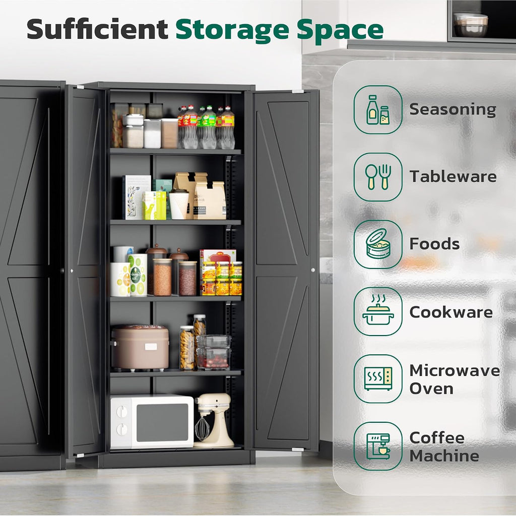 Greenvelly 63" H Black Farmhouse Metal Pantry Cabinet, Kitchen Pantry Storage Cabinets with 2 Doors and Adjustable Shelves, Kitchen Pantry Cabinets for Home, Garage and Bedroom