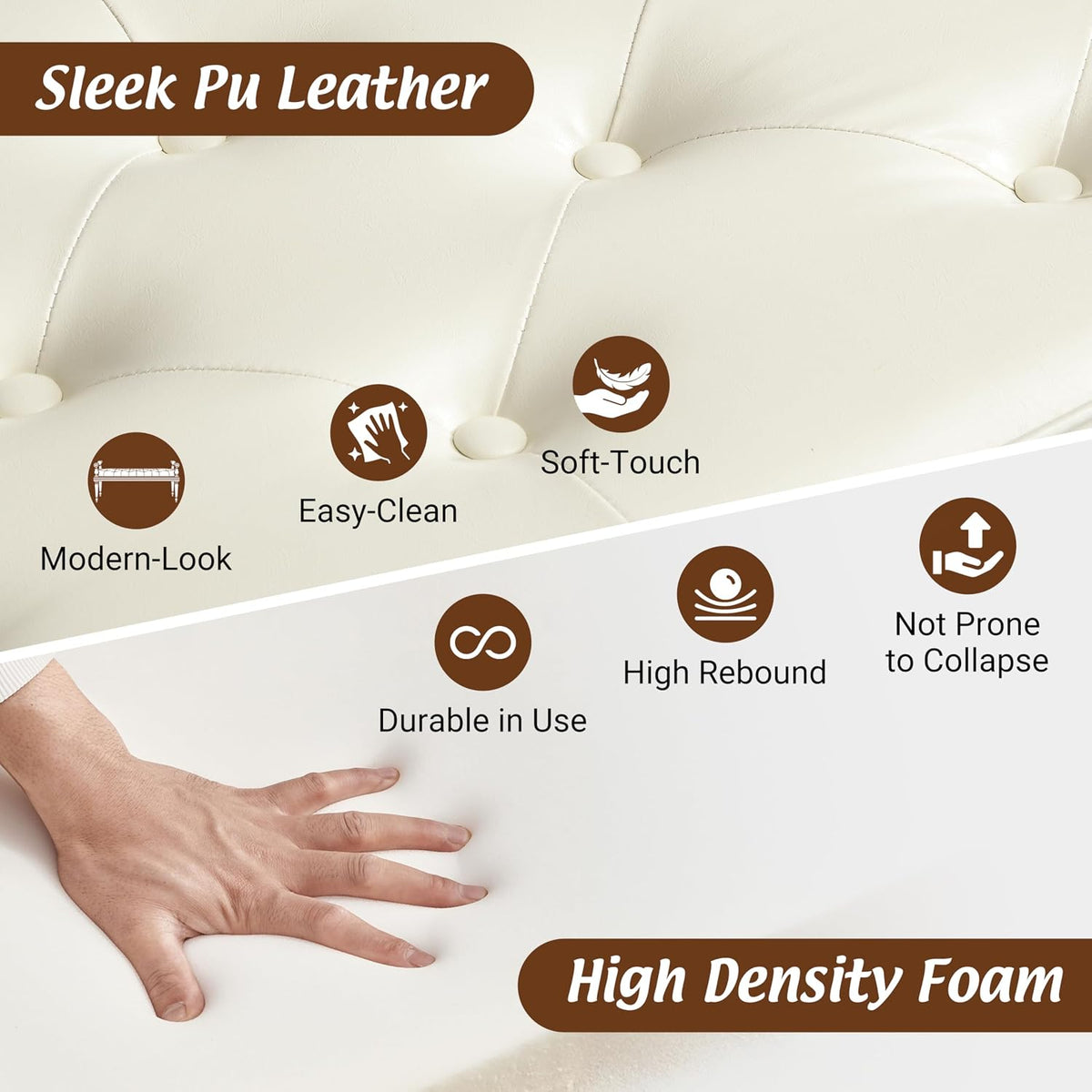 Christopher Knight Home Yae Luxurious PU Leather Upholstered End of Bed Ottoman, Wooden Living Room Ottoman Bench with Fluted Legs/Cylindrical Arm, Long Entryway Bench with Button Tufting, Brown+Beige