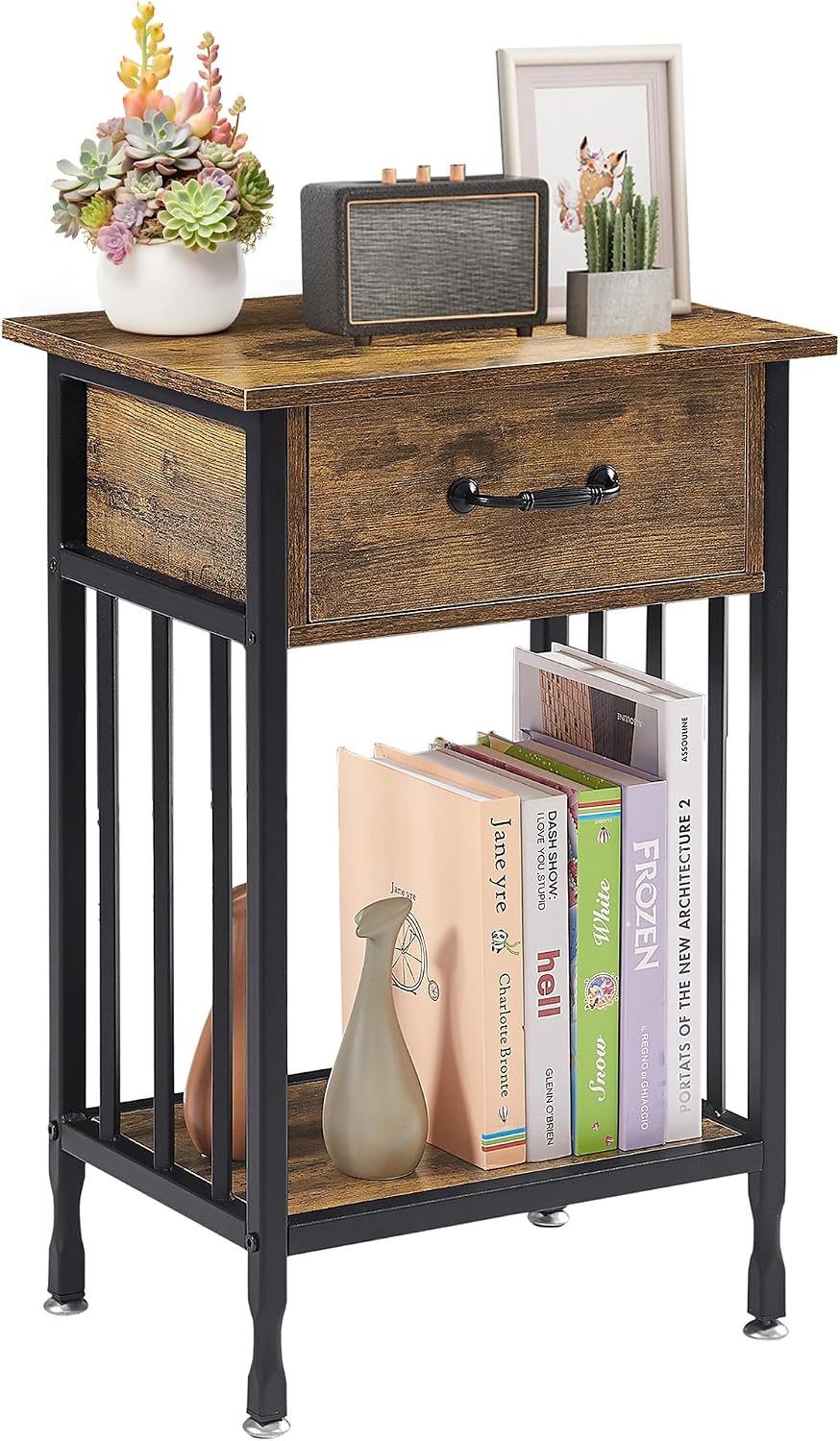 VECELO Nightstands, Industrial Side Table/End Tables with Drawer and Storage Shelf, Night Stands for Bedroom, Living Room, Wood Metal Furniture, Easy Assembly