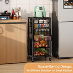 6-Tier Kitchen Storage Cart -Fruit Vegetable Storage Cart with Drawers, Wooden Top Metal Wire Kitchen Organizer and Storage Cart with Wheels to Storage Onions Potatoes Cans Snacks for Kitchen