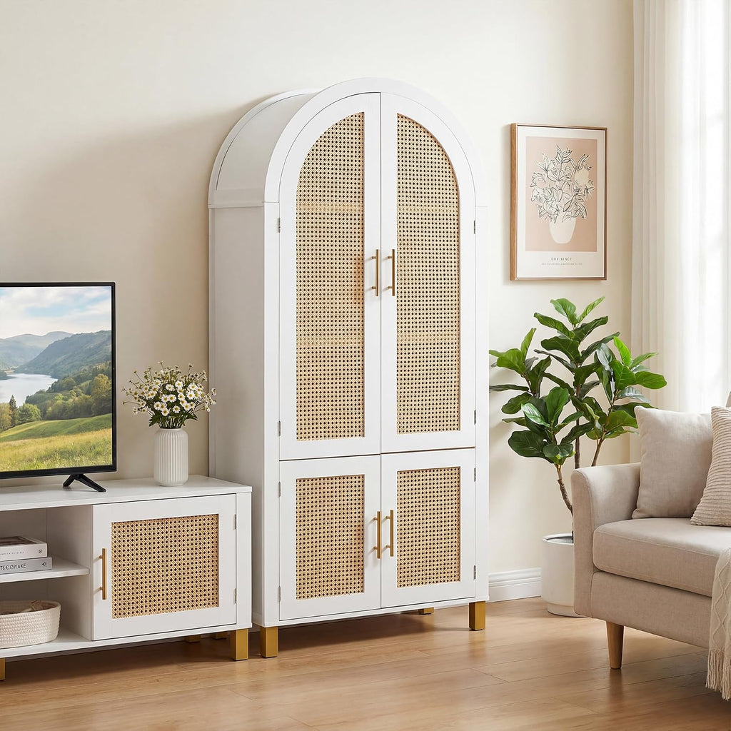 KEIKI 71" Tall Storage Cabinet with Arched Rattan Doors, Freestanding Floor Cabinet with Adjustable Shelves and Built-in Racks, Modern Farmhouse Organizer for Living Room, Kitchen, Study, White