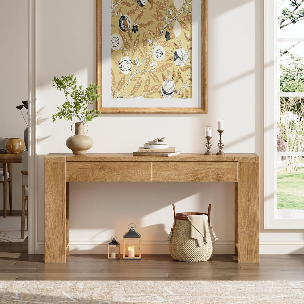 Furologee 60 inch Long Entryway Console Table with Drawers, Farmhouse Sofa Table Behind Couch, Entrance Accent Table for Hallway, Living Room, Foyer, Bedroom, Wooden Thick Tabletop (Natural)