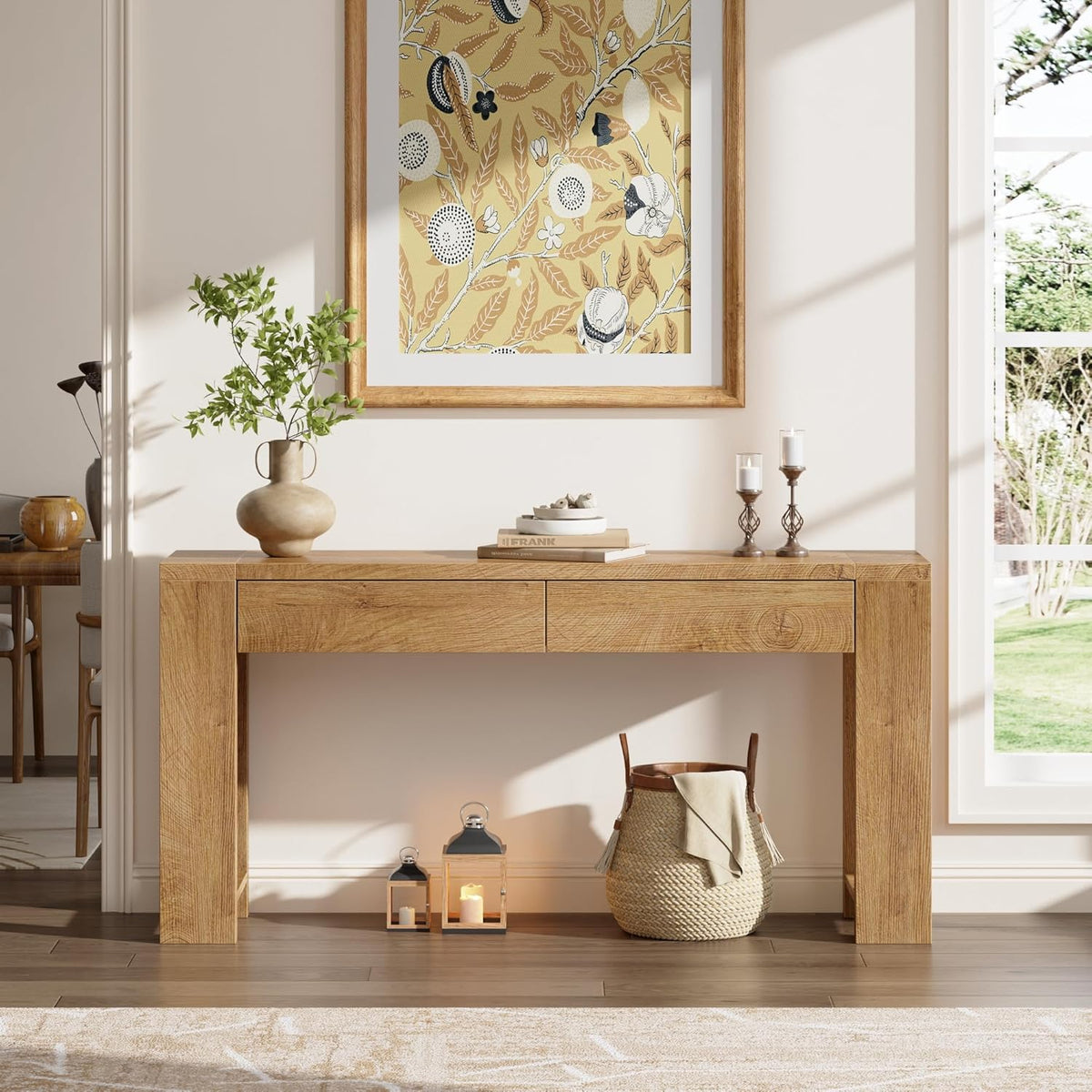 Furologee 60 inch Long Entryway Console Table with Drawers, Farmhouse Sofa Table Behind Couch, Entrance Accent Table for Hallway, Living Room, Foyer, Bedroom, Wooden Thick Tabletop (Natural)