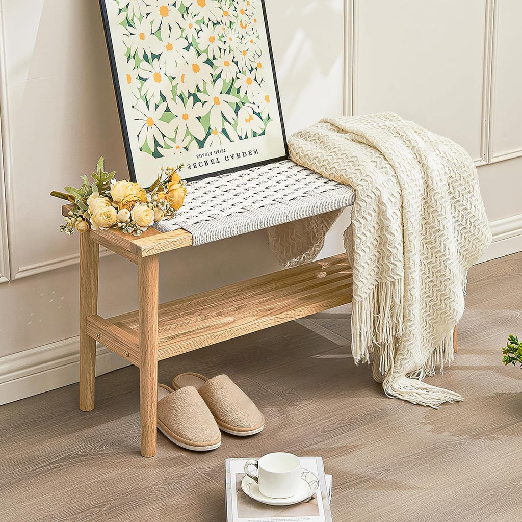 Solid Wood Narrow Bench with Storage, 33.46" Woven Bench for Entryway and Hallway, End of Bed Bench with Oak Frame, Boho Accent Bench (Natural Beige)