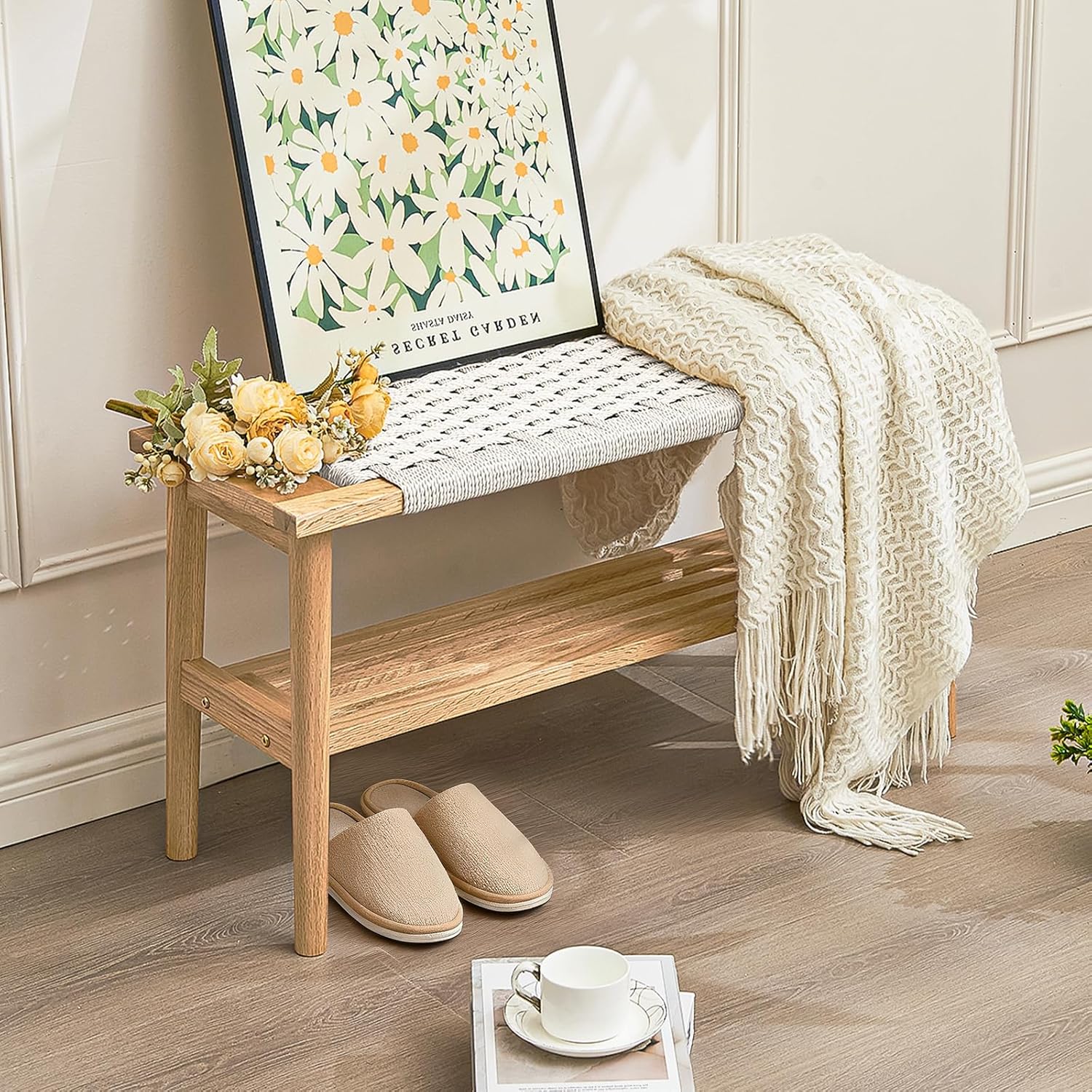 Solid Wood Narrow Bench with Storage, 33.46" Woven Bench for Entryway and Hallway, End of Bed Bench with Oak Frame, Boho Accent Bench (Natural Beige)