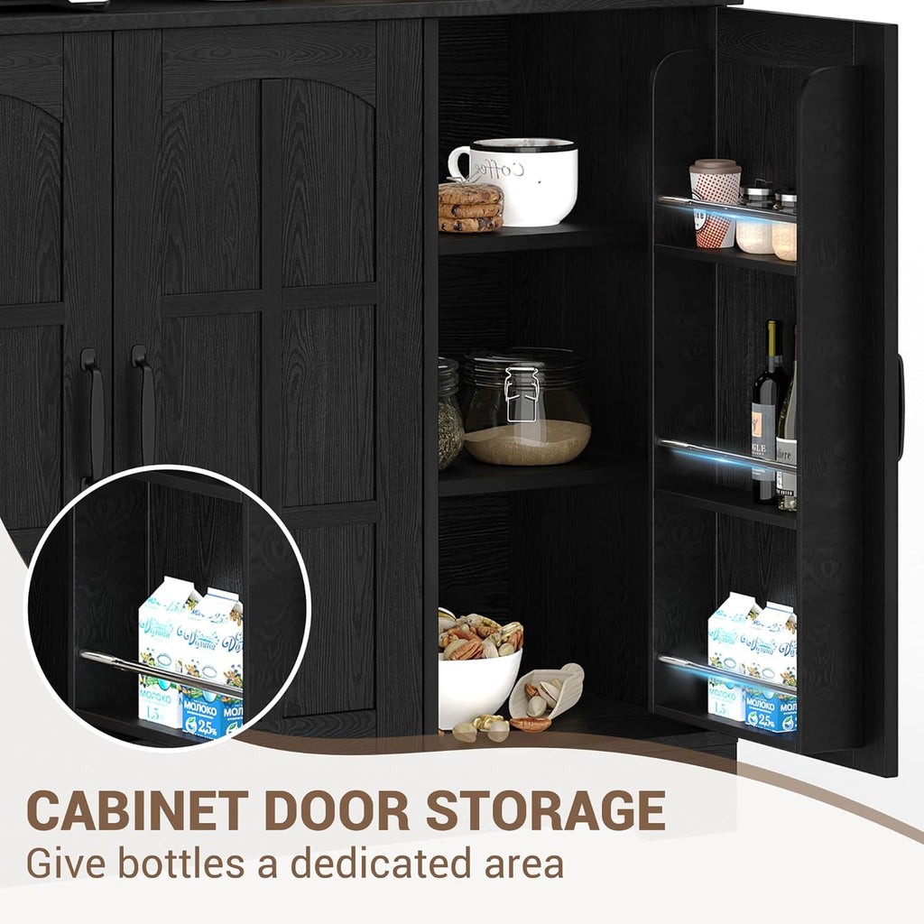 Spacious Storage & Modern Design Pantry Cabinet with Hutch – 70.9'' Tall Kitchen Cabinet – Glass Doors, Built-in Charging Station – Ideal for Dining Room – Black Color