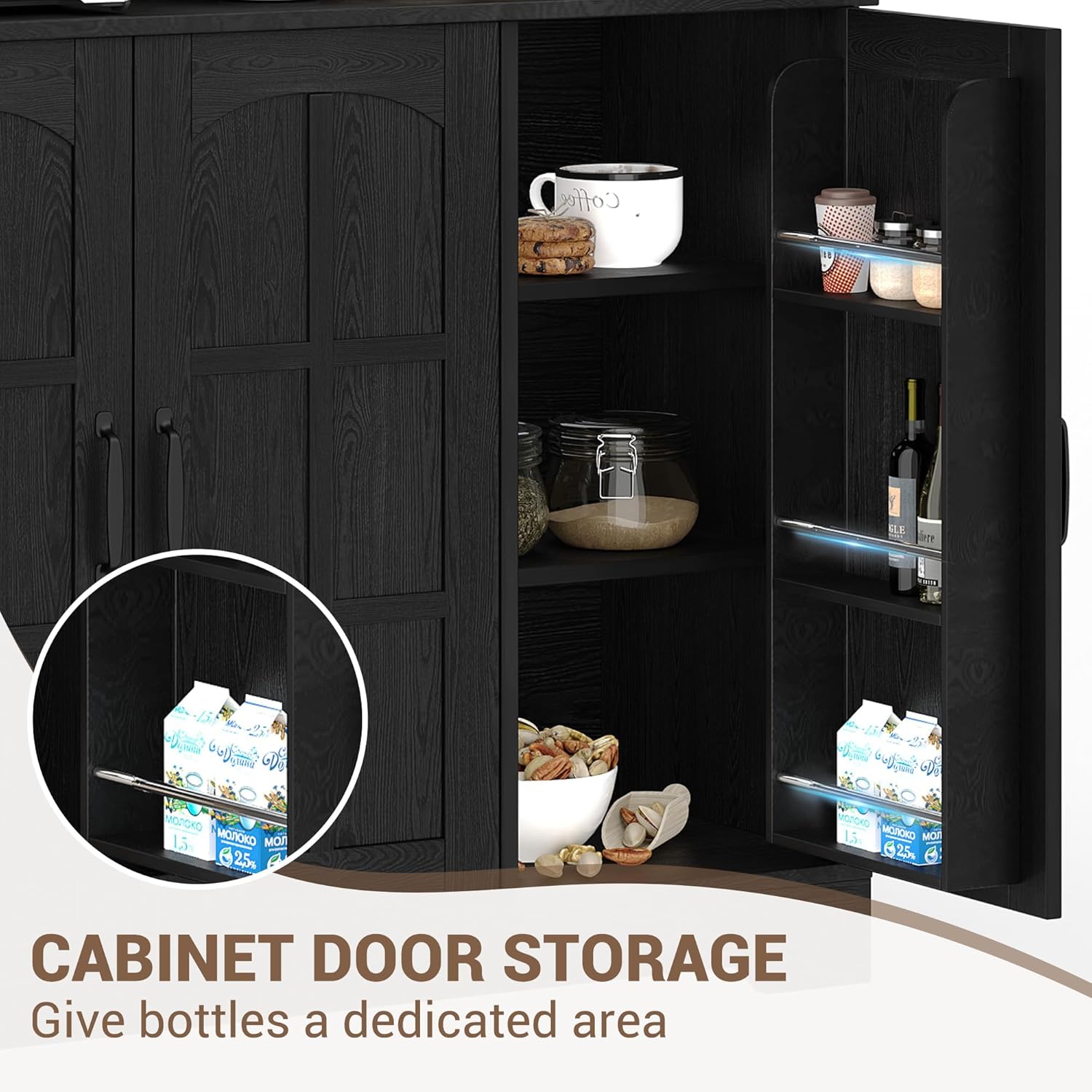 Spacious Storage & Modern Design Pantry Cabinet with Hutch – 70.9'' Tall Kitchen Cabinet – Glass Doors, Built-in Charging Station – Ideal for Dining Room – Black Color